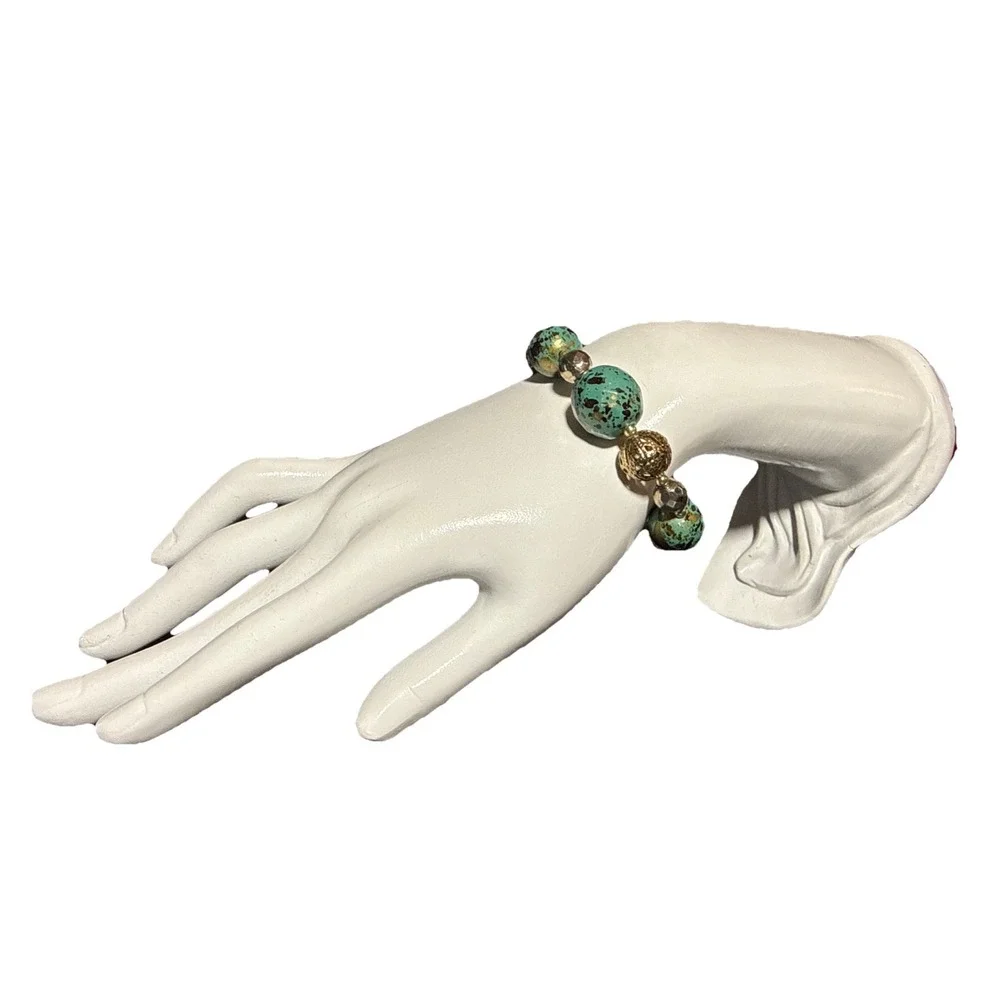 Faux Turquoise and Gold Tone Beaded Stretch Bracelet J22